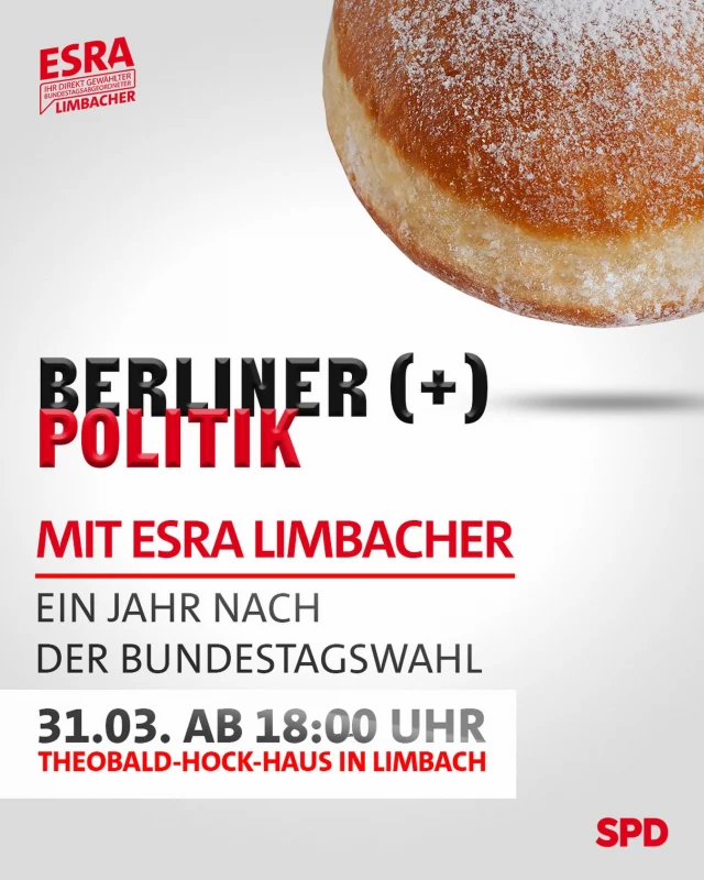 Kommt mit mir ins Gespräch! 💬
Ein Jahr nach der Bundestagswahl: Was haben wir erreicht – und wo müssen wir besser werden?

Als direkt gewählter Abgeordneter lade ich regelmäßig zum offenen Austausch ein. Klar, ehrlich, auf Augenhöhe.

Kommt vorbei zu
„Berliner & Politik“
📅 Dienstag, 31. März
🕕 18:00 Uhr
📍 Theobald-Hock-Haus in Limbach

👉 Berliner Politik zum Diskutieren
👉 Berliner zum Essen 😉

Ich freue mich auf Euch!

#BerlinPolitik #ImGespräch