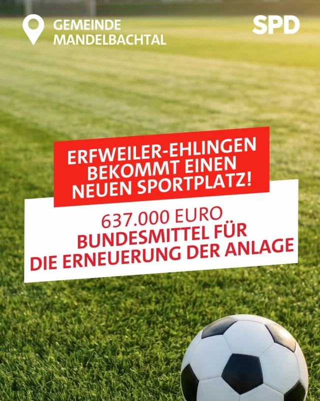Tolle Nachrichten für alle Sportbegeisterten in der Gemeinde Mandelbachtal! ⚽️🏃‍♂️🎉 

@erfweiler.ehlingen erhält *637.000 € für die Grunderneuerung des Sportplatzes* — mehr Raum für Training, Teamgeist und die Nachwuchsförderung. 🌱 👏 ⚽ 🏆

Gute Sportanlagen sind wichtig für die Gesundheit, aber auch für die Gemeinschaft, indem Sie Kindern und Jugendlichen die Chance geben, ihre Talente zu entdecken und soziale Kompetenzen zu entwickeln. Die Kommunen und die Vereine haben sich sehr für diese Förderung eingesetzt und freue mich, dass ich diesen Einsatz erfolgreich unterstützen konnte.

#Sportförderung #ErfweilerEhlingen #Mandelbachtal