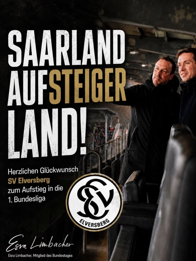 Saarland #aufSTEIGERland 🚀

Herzlichen Glückwunsch an das Team der @svelversberg zum Aufstieg in die 1. Bundesliga 💪

Das bedeutet: Nach 33 Jahren ist das Saarland wieder zurück in der 1. Bundesliga. ⚽👏

Was Dominik Holzer als Präsident und davor auch Frank Holzer mit den vielen Mitstreitern, der sportlichen Leitung und vor allem einer extrem starken Mannschaft und den Fans hier auf die Beine gestellt hat ist wirklich bemerkenswert.