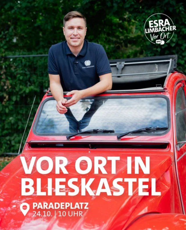 📍 Vor Ort in Blieskastel!

Für mich ist klar: Politik muss nah bei den Menschen sein! Deshalb ist es mir wichtig, in meinem Wahlkreis immer ansprechbar zu sein, zuzuhören und mit Euch ins Gespräch zu kommen.

Mit meiner Vor-Ort-Tour bin ich regelmäßig in allen Städten und Gemeinden meines Wahlkreises unterwegs.

🤝 Mein nächster Stopp: Blieskastel!

📅 Samstag, 24. Oktober
🕙 Ab 10 Uhr
📍 Paradeplatz in Blieskastel

Ob Fragen, Anregungen, Kritik oder einfach ein persönlicher Austausch: Kommt vorbei, ich freue mich auf Euch! 😊