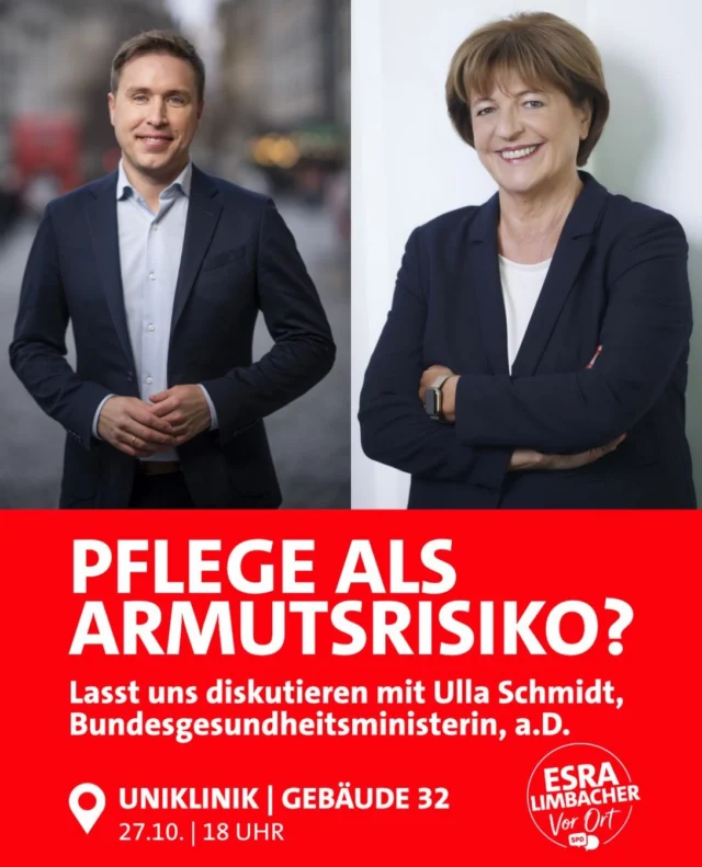 🔴 Pflege darf im Alter nicht zum Armutsrisiko werden!

Wie schaffen wir es, Pflege auch in Zukunft bezahlbar zu halten? Und welche Reformen braucht es, damit gute Pflege für alle möglich bleibt?

Darüber diskutiere ich bei der nächsten Ausgabe meiner Veranstaltungsreihe „Berliner (+) Politik“ gemeinsam mit der ehemaligen Bundesgesundheitsministerin Ulla Schmidt und dem Pflegedirektor des Universitätsklinikums des Saarlandes, Serhat Sardi.

📅 Dienstag, 27. Oktober, um 18 Uhr
📍 Uniklinik Homburg, Gebäude 32, Nebenraum des Kasinos

Neben spannenden Einblicken in die anstehenden Sozialreformen gibt es natürlich wie immer frische Berliner und viel Raum für Fragen, Diskussionen und den persönlichen Austausch.

Kommt vorbei, diskutiert mit! Ich freue mich auf Euch! 🙌